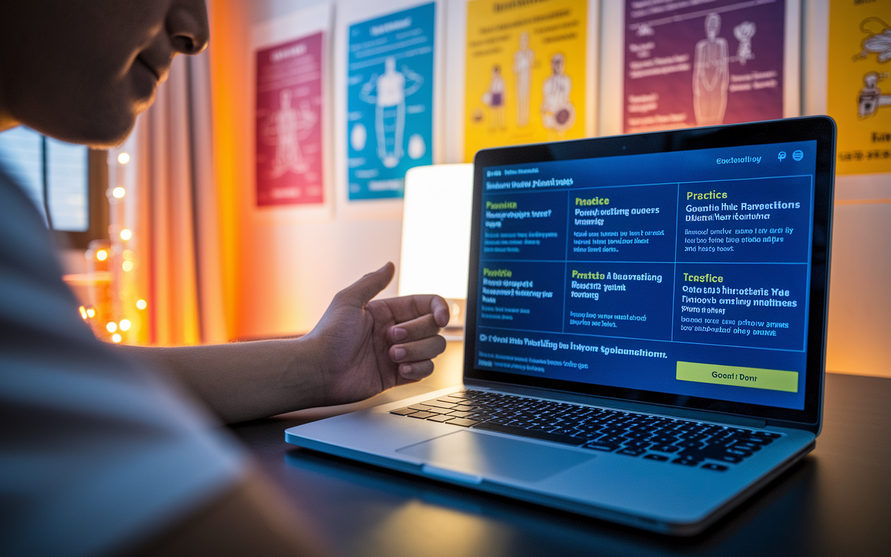 An individual sitting at a desk with a laptop, zoomed in on a high-resolution screen displaying a well-organized Q-Bank interface filled with practice questions and detailed explanations. The room features warm, ambient lighting, and colorful charts or diagrams of medical topics are pinned on the wall, indicating a thorough preparation environment. The person's expression reflects concentration and determination, contributing to a scene of focused study.