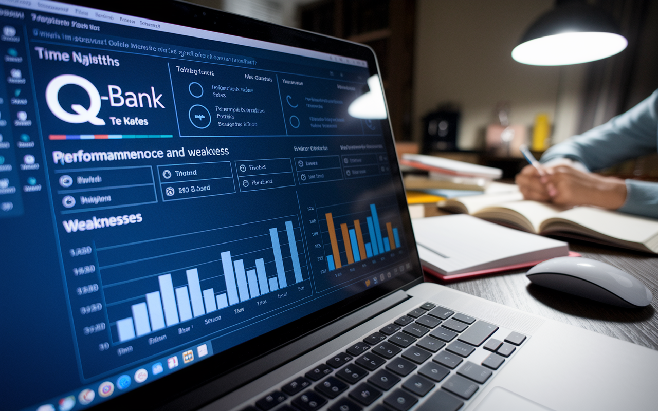 A close-up view of a computer screen displaying a detailed analytics dashboard from a Q-Bank, showcasing performance metrics like strengths and weaknesses. Trend graphs highlight improvement over time while tabs indicating different subjects are visible. The dimly lit room gives an atmosphere of serious study, with notes and books scattered around, depicting an intensive exam preparation session.