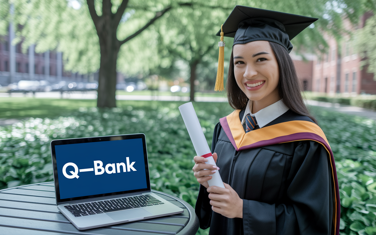 A smiling young woman in graduation attire, holding her diploma, in a university campus setting filled with fresh greenery. In the background, an open laptop on a park table shows the UWorld Q-Bank interface. Her expression reflects pride and joy, symbolizing successful exam preparation and accomplishment through hard work and effective study resources.