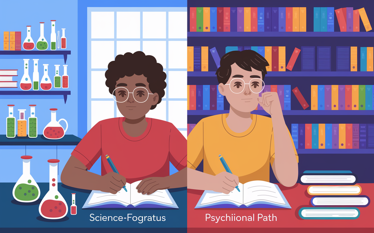 A split-screen illustration showcasing two contrasting scenes: on one side, a young person studying vigorously in a lab filled with chemistry apparatus, representing a science-focused major, and on the other side, another student in a library surrounded by psychology books and notes, symbolizing a non-traditional path. The scenes are brightly lit, emphasizing scholarly pursuits and future ambitions. A thoughtful expression on both students conveys determination and the weight of their decisions.