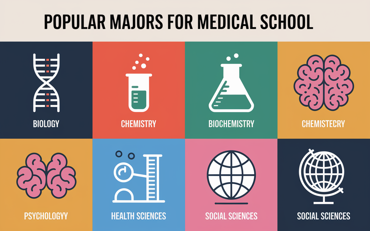 A visually engaging infographic featuring a collage of popular majors for medical school: biology, chemistry, biochemistry, psychology, health sciences, and social sciences. Each major is represented with relevant symbols: a DNA helix for biology, a beaker for chemistry, brain imagery for psychology, and a globe for social sciences. The layout is colorful and informative, set against a light background that highlights the diversity of academic paths leading to medicine.