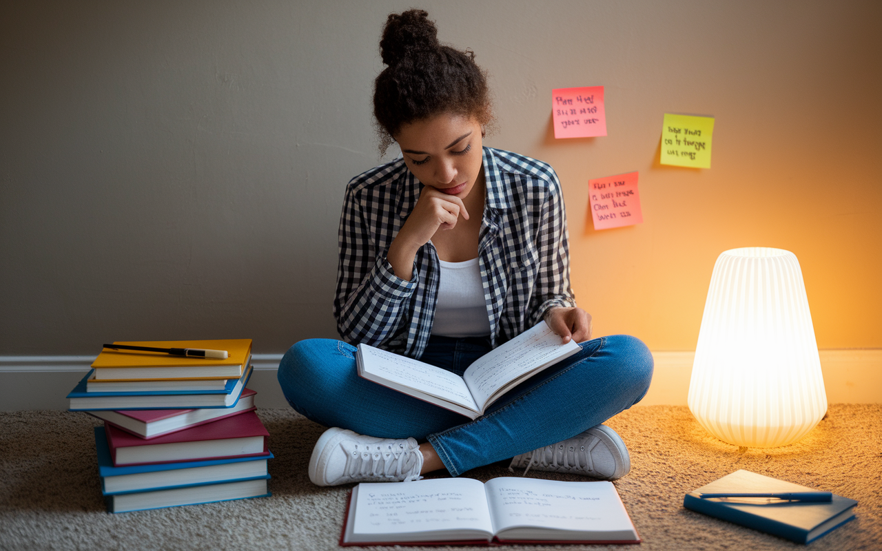 A young student sitting cross-legged on the floor, surrounded by their textbooks, with a focused expression, pondering over a journal filled with notes on their strengths and interests. The scene is softly lit with a warm glow from a nearby lamp, creating an intimate atmosphere. A few sticky notes with inspirational quotes are stuck to the wall, reflecting their aspirations of pursuing a medical career.