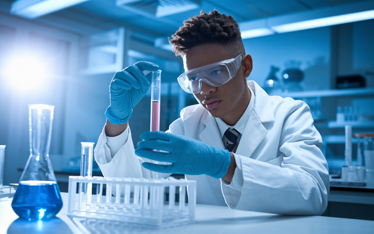 A determined student wearing a lab coat in a research laboratory, surrounded by scientific equipment, as they carefully conduct an experiment. They are observing a reaction in a test tube, reflecting curiosity and commitment to unearthing new knowledge. Bright lab lights cast a clean and focused environment, showcasing the excitement and diligence involved in medical research.