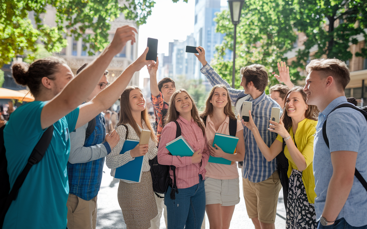 A group of enthusiastic students on a study abroad program, gathered in an outdoor setting, exploring a foreign city with medical significance. They are taking photos, interacting with locals, and engaging in cultural exchanges while carrying textbooks related to global health. The scene is vibrant and lively, illuminated by bright daylight, capturing the essence of adventure and learning.