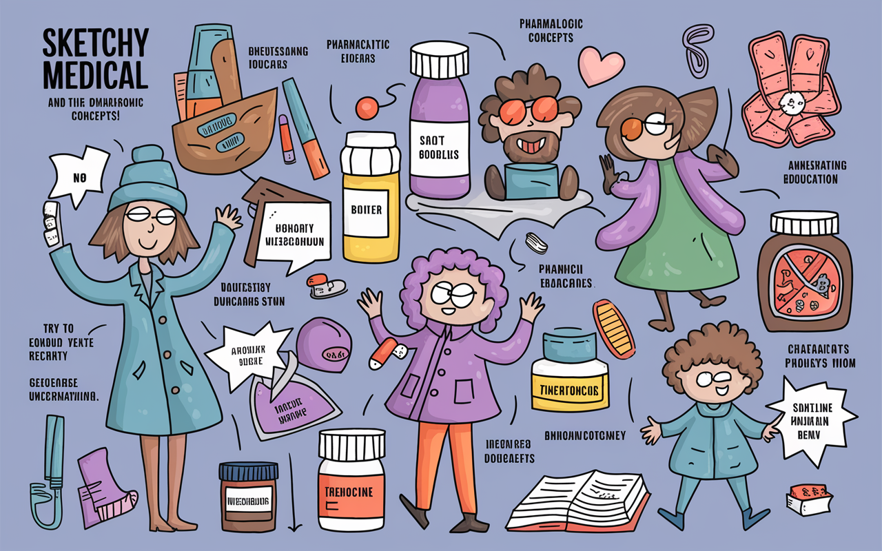 An imaginative illustration showcasing a quirky mnemonic visual from 'Sketchy Medical', featuring whimsical characters representing various pharmacologic concepts. A colorful and engaging scene that combines humor and education with elements like medicine bottles and anatomical diagrams creatively integrated into the design, enhancing recall and understanding.