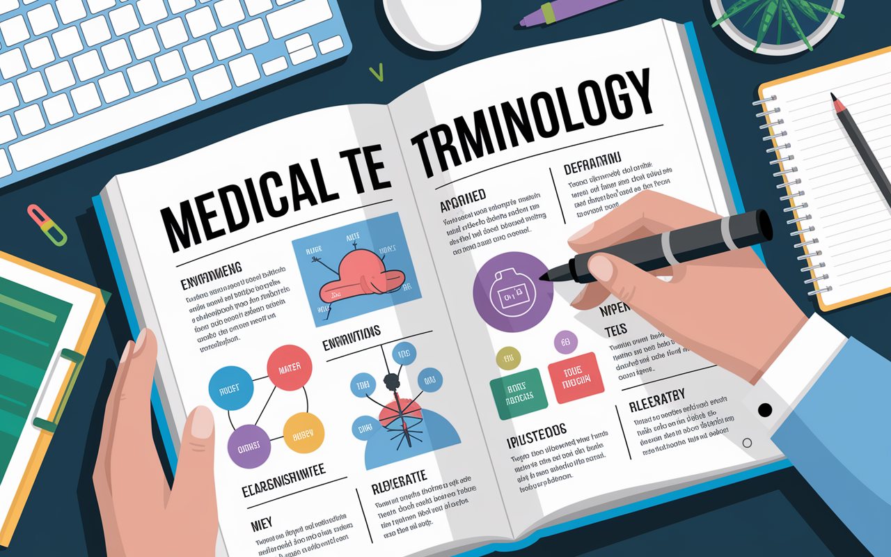 An illustrated guide focusing on medical terminology, spread open on a desk with colorful visuals, definitions, and related diagrams. The scene is set in an office environment, with a person highlighting key terms with a marker, illustrating active engagement in the learning process.