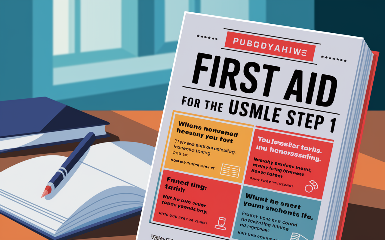 A close-up of the cover of the book 'First Aid for the USMLE Step 1', featuring vibrant graphics and smart layout design showcasing various high-yield topics. The background is set in a study environment with soft lighting, creating a serene mood that invites focus and concentration.