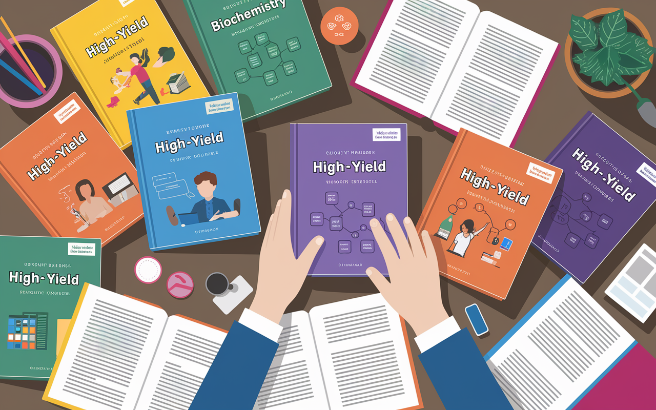 A visually appealing array of 'High-Yield' series book covers spread across a desk, with colorful illustrations and topic highlights, depicting subjects like biochemistry and histology. The setting is bright and inviting, showcasing a student's hands reaching out to select a book, symbolizing targeted study sessions and informed choices.