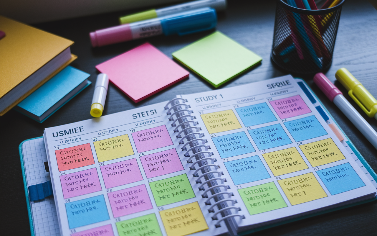 An organized planner opened on a desk with a detailed study schedule laid out for the USMLE Step 1 exam. Color-coded sections highlight different study days, with sticky notes and markers scattered around, representing an atmosphere of discipline and planning amid the backdrop of a dimly lit study room.