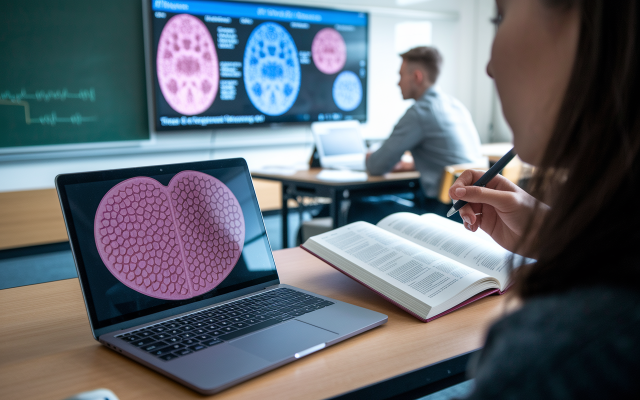 A digital classroom setting showing a student intently watching a Pathoma lecture on a laptop, with the accompanying textbook open next to them. Engaging visuals of pathological slides and mechanisms can be seen on the screen, creating a focused environment for in-depth learning and understanding.