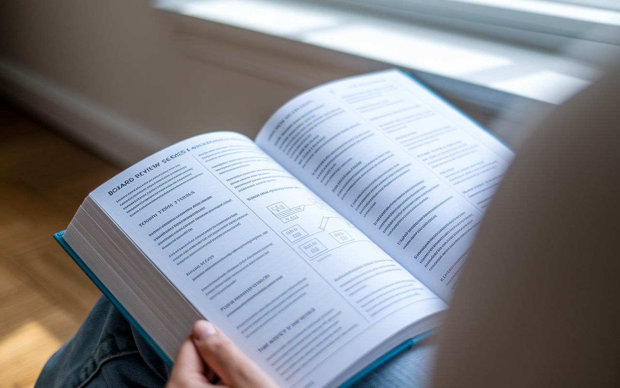 A close-up view of a BRS (Board Review Series) book open on a student's lap, highlighting clear diagrams and comprehensive explanations. Soft, natural light filters through a window, creating a conducive atmosphere for memorizing and testing knowledge through quizzes.