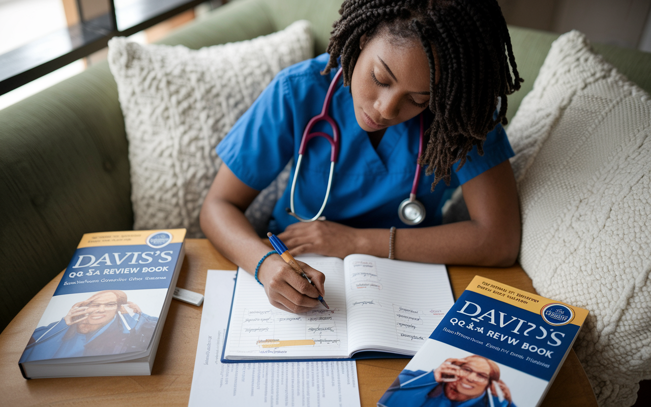 A nursing student immersed in preparation for their NCLEX-RN exam, surrounded by Davis’s Q&A Review book with mock question sheets and highlighted notes, capturing a moment of concentration and determination. The setting features a cozy study nook, softly illuminated, reflecting a supportive learning environment.