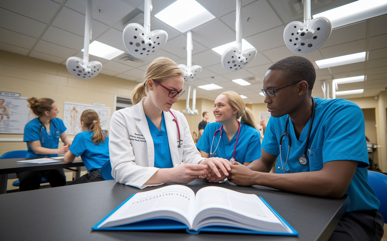 A clinical skills lab setting where students are practicing physical examination techniques on each other, guided by 'The Clinical Examination' book open nearby. Bright overhead lights illuminate the scene, which embodies an environment of learning, teamwork, and practical application in medicine.