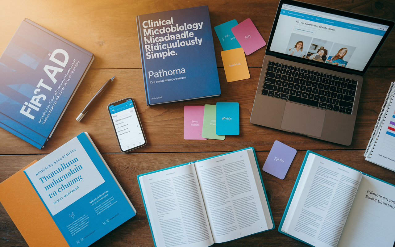 A comprehensive flat lay image showcasing essential medical study resources on a wooden table. Include popular textbooks like 'First Aid', 'Clinical Microbiology Made Ridiculously Simple', and 'Pathoma' – all neatly opened to key chapters. Surrounding them are a laptop displaying an online learning platform like UWorld, a smartphone with the Anki app, and colorful flashcards. The warm, natural light enhances the inviting atmosphere of a dedicated study space, filled with motivation and focus.