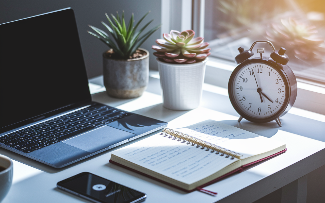 A motivational scene showing a modern desk setup with a sleek laptop, a timer next to a notebook filled with handwritten notes. The desk also features a cup of coffee, a succulent plant for ambiance, and a smartphone displaying a productivity app. Soft sunlight streams through a nearby window, creating an invigorating atmosphere perfect for studying and concentration, with a visual emphasis on a timer indicating the Pomodoro Technique to emphasize focused study intervals.