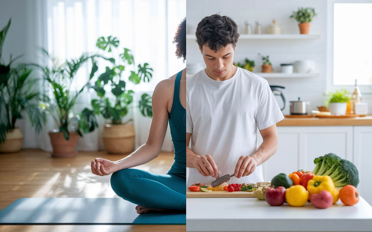 An inspiring scene depicting a balanced lifestyle for a medical student. On one side, a person practicing yoga on a mat under soft natural light, with a serene backdrop of a peaceful room filled with indoor plants. On the other side, a young man preparing a healthy meal in a bright kitchen with colorful vegetables and fruits on display. This split composition emphasizes the importance of self-care and nutrition for maintaining mental and physical well-being amidst rigorous study schedules.