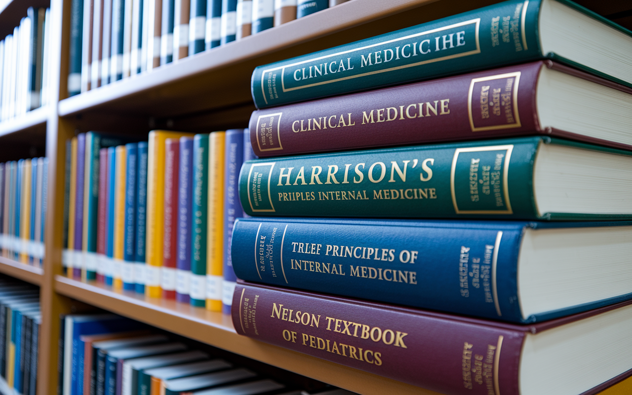 A visually captivating arrangement of essential medical textbooks stacked on a library shelf, each book cover featuring striking designs like 'Clinical Medicine', 'Harrison's Principles of Internal Medicine', and 'Nelson Textbook of Pediatrics'. The warm library lighting highlights the textures of the book spines and the ambiance exudes a sense of knowledge and scholarly dedication.