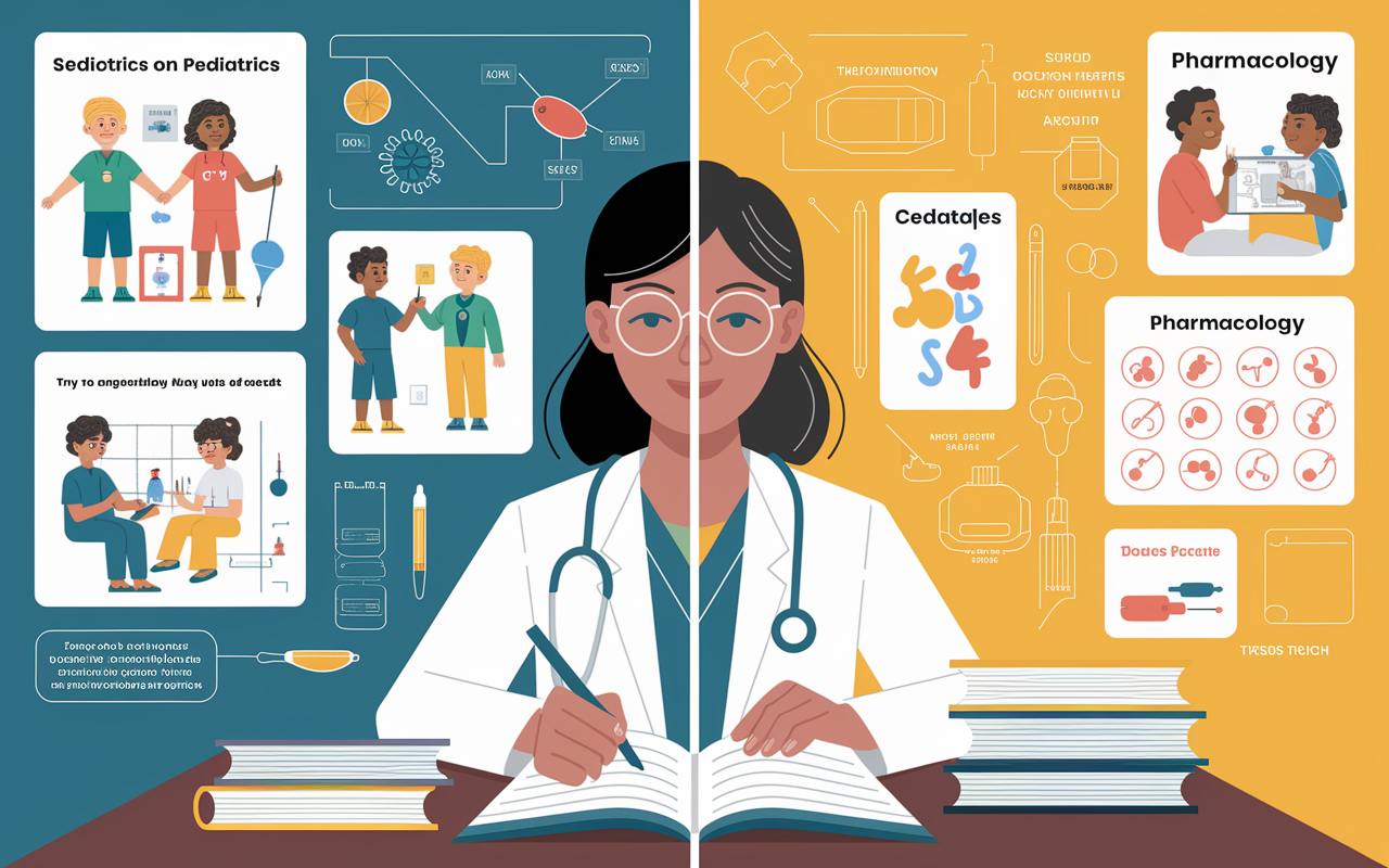 A split-screen image showcasing a medical student studying various disciplines, one side depicting a section on Pediatrics with colorful diagrams of child health, while the other showcases Pharmacology with vibrant illustrations of drug mechanisms. This dynamic scene captures the breadth of medical education with a warm, focused atmosphere, emphasizing the student's journey through diverse fields.