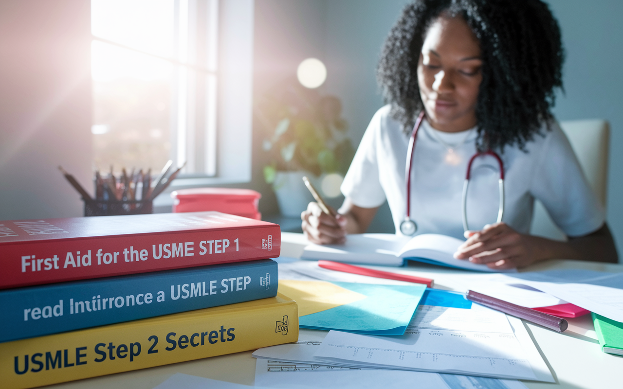 A colorful composition featuring essential medical review books like 'First Aid for the USMLE Step 1' and 'USMLE Step 2 Secrets' on a desk with study materials scattered around, a serene and focused student intently reviewing key concepts. The sunlight streams through a window, creating an inspirational study environment, highlighting the importance of review in board exam success.