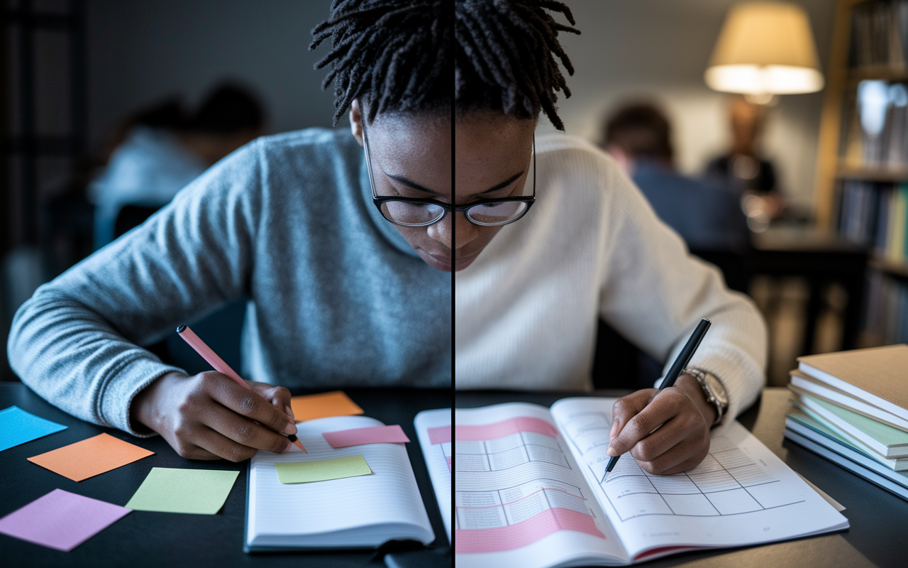 A split-image showing two distinct study strategies: on one side, a focused student engaging in active recall with flashcards and notes, and on the other side, someone summarizing textbook information into a structured mind map at a well-organized study space. Dramatic lighting enhances the intensity and focus in each study style, creating a sense of determination.