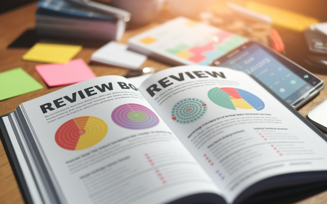 An open review book displaying colorful diagrams and charts alongside precise bullet points highlighting high-yield information. The background features study materials such as sticky notes and flashcards, creating an organized yet busy environment. Bright natural sunlight illuminates the pages, giving an inviting and focused atmosphere for effective studying. Elements of a digital study app appear nearby, showcasing a modern approach to learning.