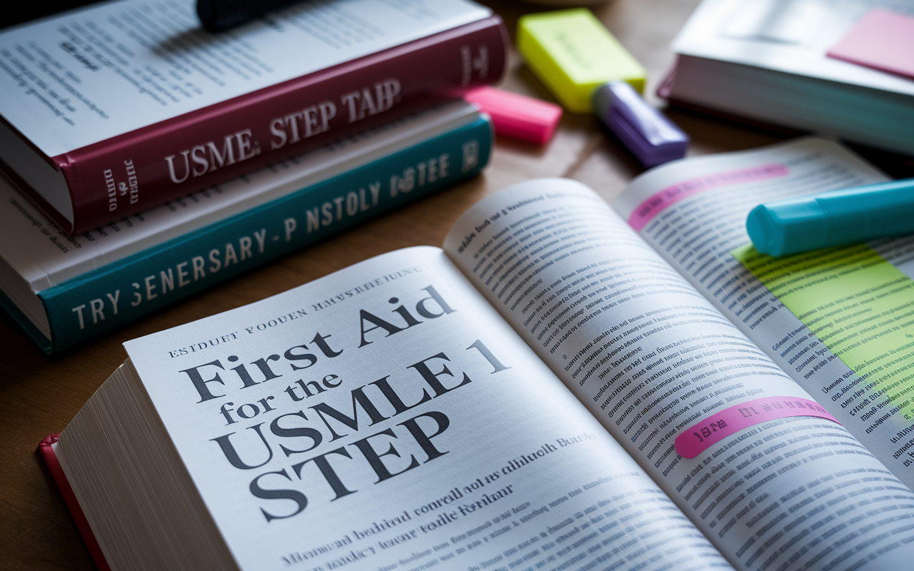 A close-up of the cover of the 'First Aid for the USMLE Step 1' book, nestled amongst various medical textbooks on a wooden study table. The book is opened to a page filled with detailed illustrations and bullet-point summaries, surrounded by highlighters and sticky notes indicating importance. Soft diffused light cascades onto the table, enhancing the scholarly vibe of the scene.