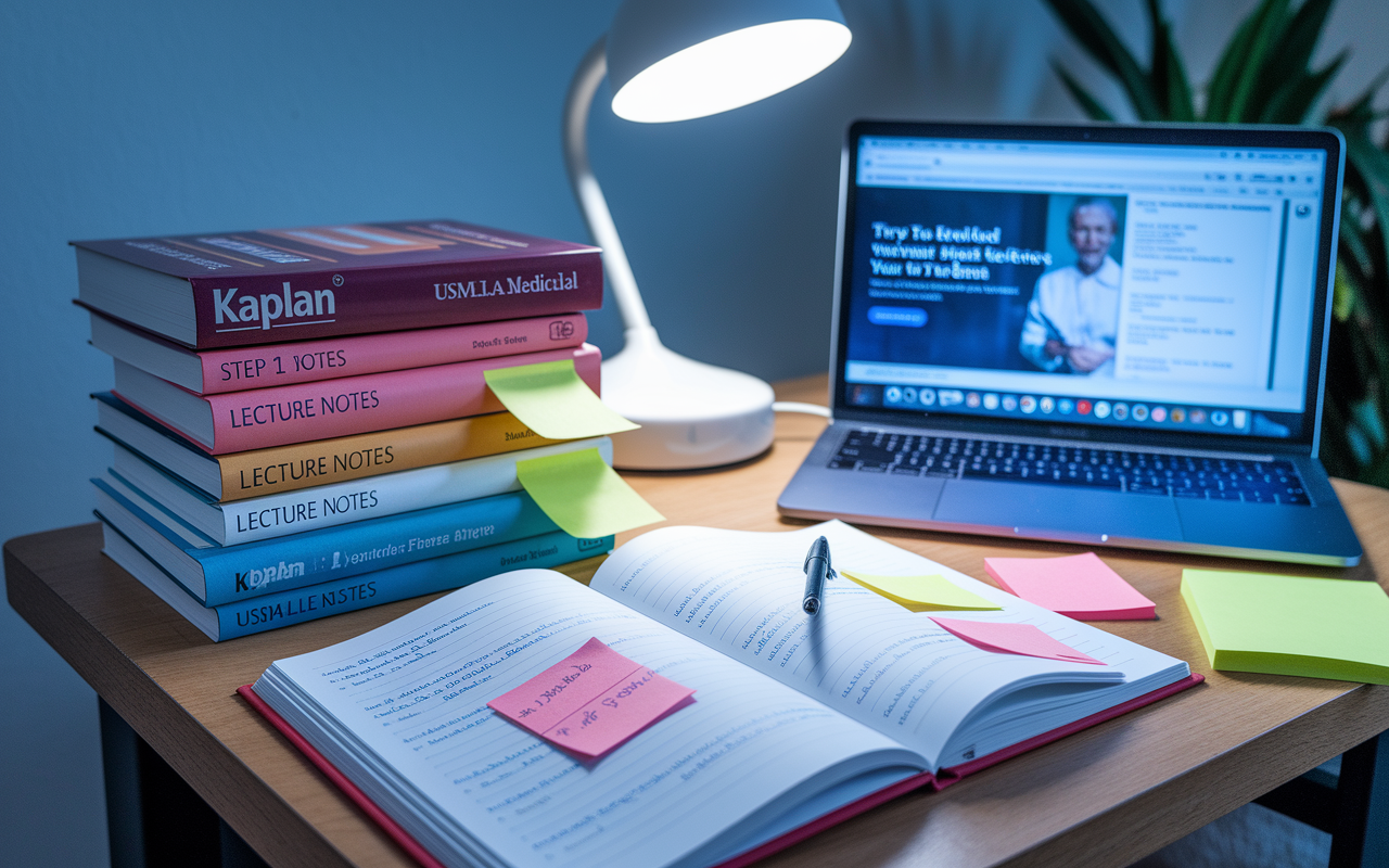 A well-organized study space showcasing Kaplan Medical’s USMLE Step 1 Lecture Notes stacked next to a laptop with an online lecture playing. The environment is filled with sticky notes and annotations on the pages, suggesting intense study sessions. A bright desk lamp casts a focused light on the notes, symbolizing detailed study effort.