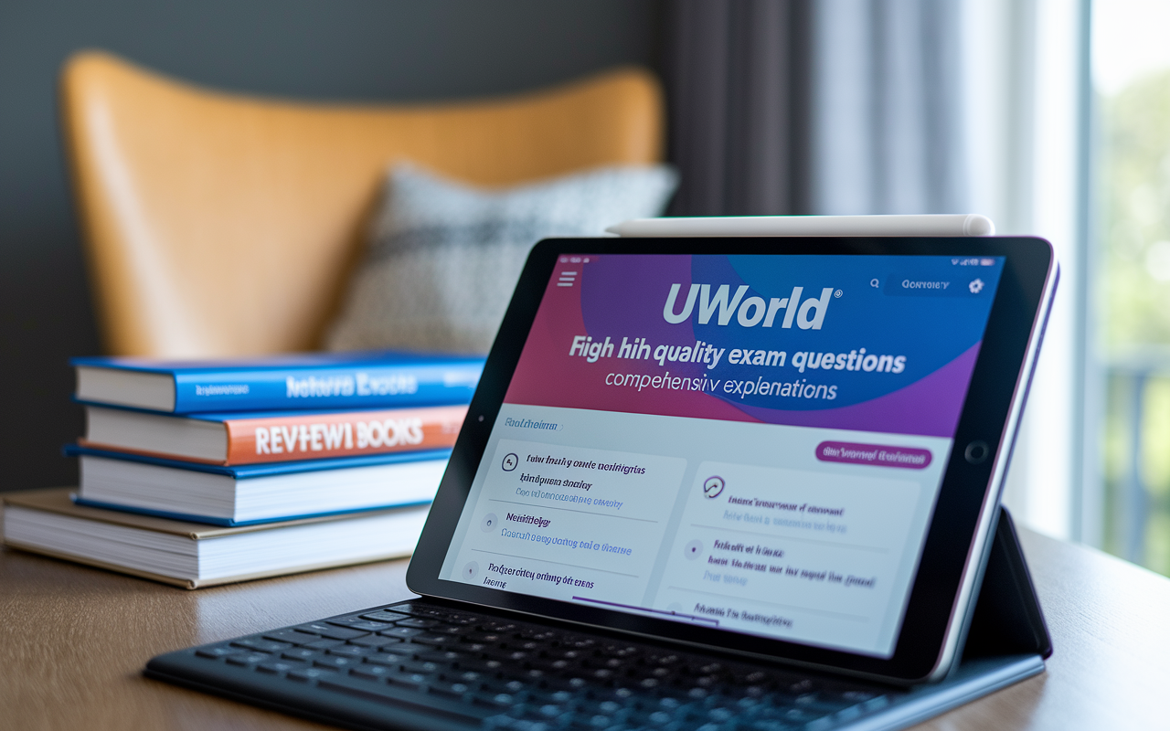 A digital tablet displaying the UWorld QBank interface, filled with high-quality exam questions and comprehensive explanations. The background is an inviting study environment featuring a stack of review books and a comfortable chair, simulating an exam prep atmosphere. Natural light filters through a nearby window, emphasizing engagement and focus.