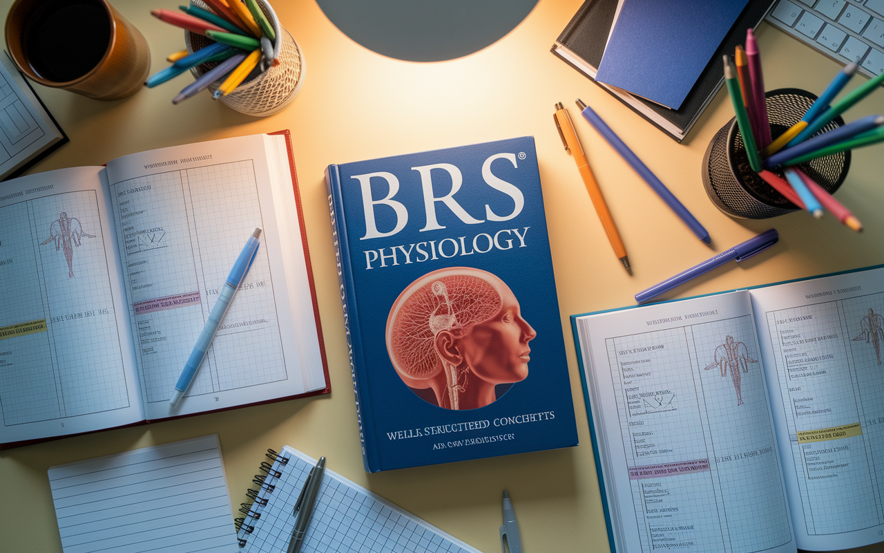 The cover of the BRS Physiology book displayed prominently on a study desk, surrounded by essential study aids such as notepads and pens. The arrangement includes open pages showing well-structured physiology concepts and clinical correlations. A warm light illuminates the material, creating an engaging study setting that inspires knowledge retention.