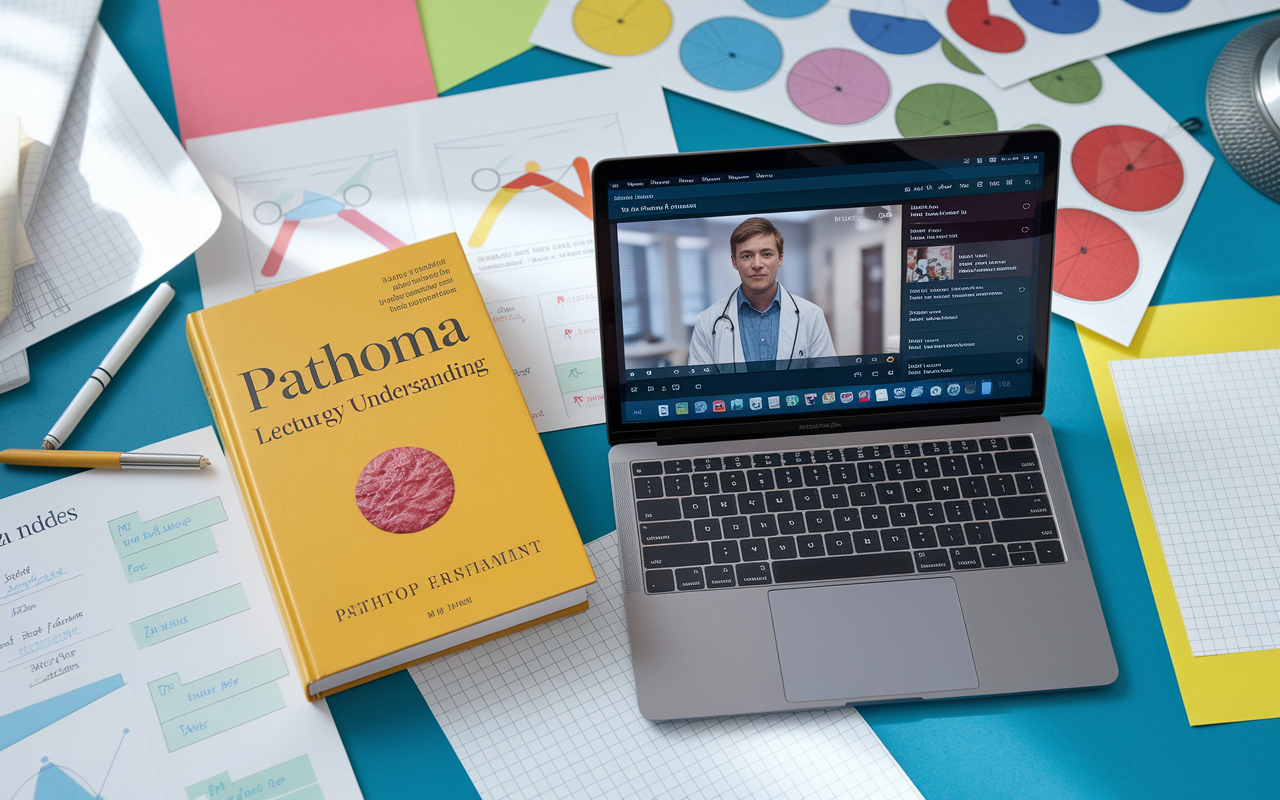 An inviting layout featuring the Pathoma book alongside a laptop streaming lecture videos, with a focus on pathology understanding. The backdrop is enriched with colorful diagrams and student notes, creating a collaborative learning environment. Bright lighting enhances the clarity and academic ambiance of the scene.