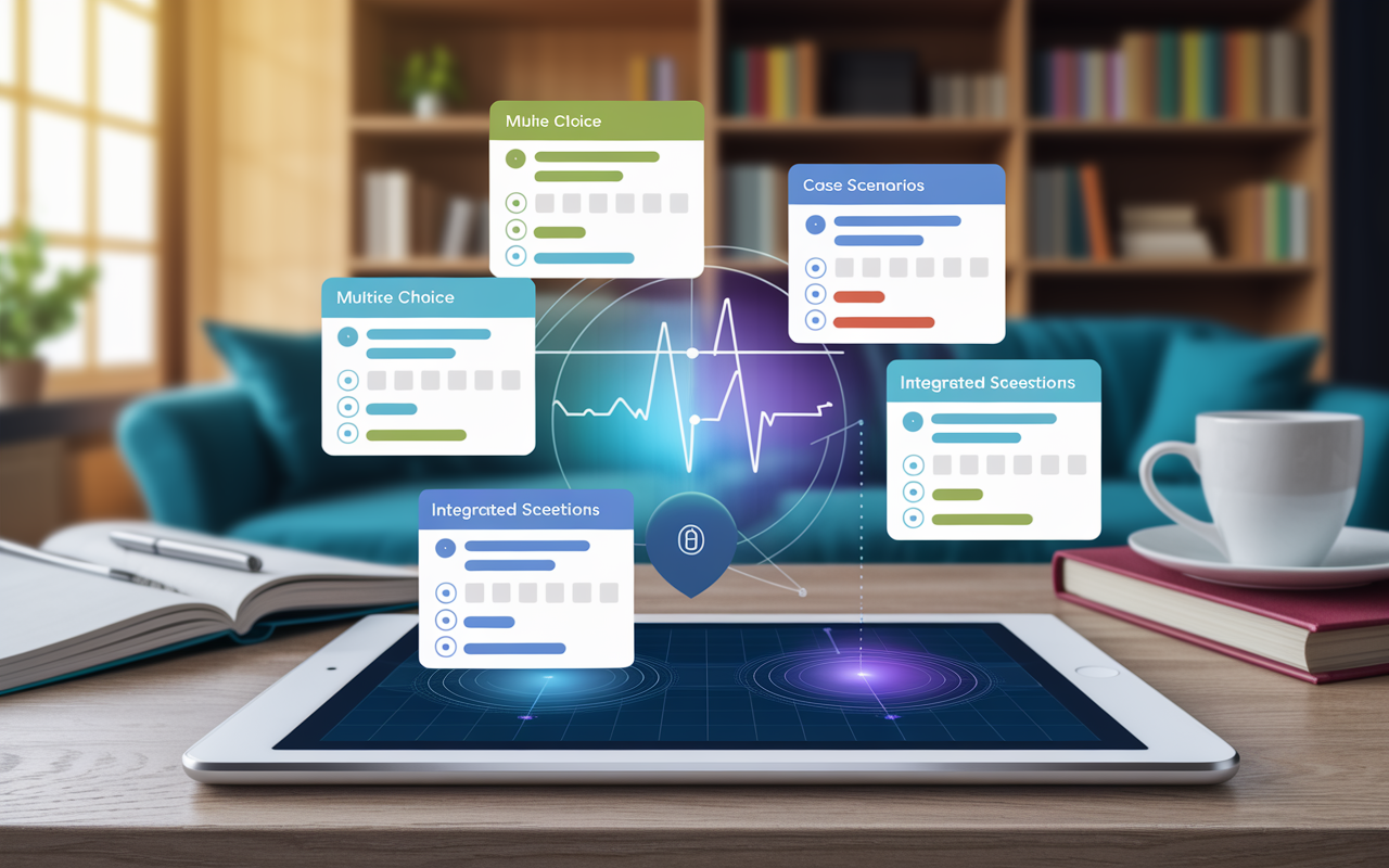 A digital representation of a Q-Bank interface on a tablet screen, displaying a variety of question formats: multiple choice, case scenarios, and integrated science questions. Each question is well-designed with vibrant colors and clear graphics. The focus is on the screen, while the blurred background shows a comfortable study space, complete with medical study materials and a cozy ambiance, emphasizing an interactive and engaging learning environment.