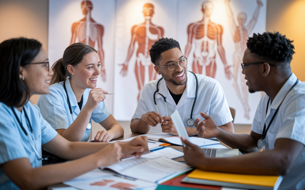 A lively group study session featuring three medical students discussing Q-Bank answers around a table filled with study materials and laptops. The ambiance is collaborative and energetic, with sketches of anatomical structures on a whiteboard in the background. Soft overhead lighting creates a warm, inviting environment. The students are animated, sharing insights and strategies, capturing the essence of mutual support in their study efforts.