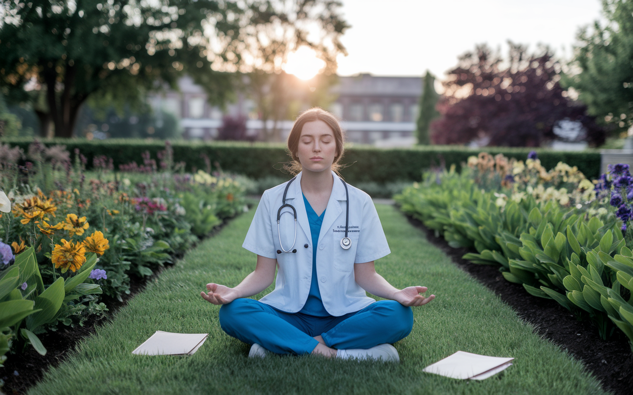 A serene setting depicting a medical student practicing mindfulness in a peaceful garden. The student is seated cross-legged on the grass, eyes closed, surrounded by vibrant greenery and colorful flowers. The sun is setting in the background, casting a gentle, calming light over the scene. A few study materials lay nearby, symbolizing the balance between rigorous study and well-being. The atmosphere is tranquil, encouraging mindfulness and mental clarity.