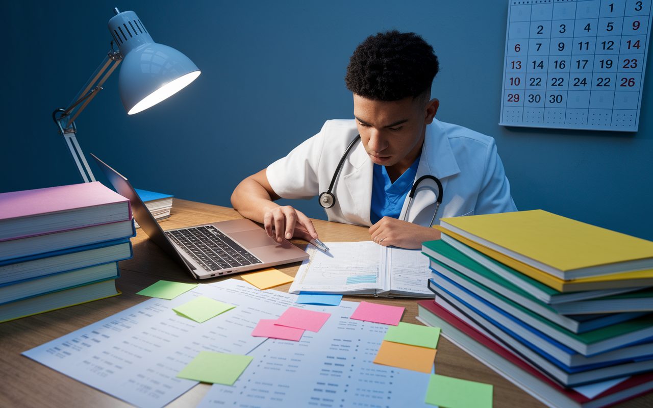 An intense scene of a medical student sitting at a desk filled with various high-yield question banks and practice exam papers. The student, deep in concentration and surrounded by colorful sticky notes, is reviewing questions on a laptop illuminated by a desk lamp. A wall calendar with exam dates marked hangs in the background, conveying urgency and focus in a study environment.