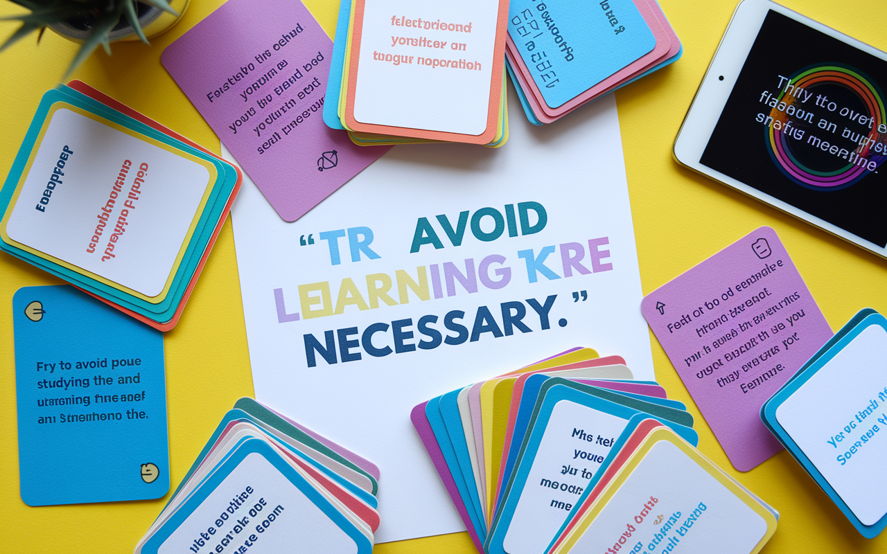 A vibrant array of flashcards spread out on a bright study desk, featuring colorful illustrations and easy-to-read text. Some cards are flipped open revealing visuals and mnemonics that assist in memory retention. A digital device displaying flashcard apps is seen nearby, alongside a motivational quote about studying, creating an inspiring learning atmosphere.