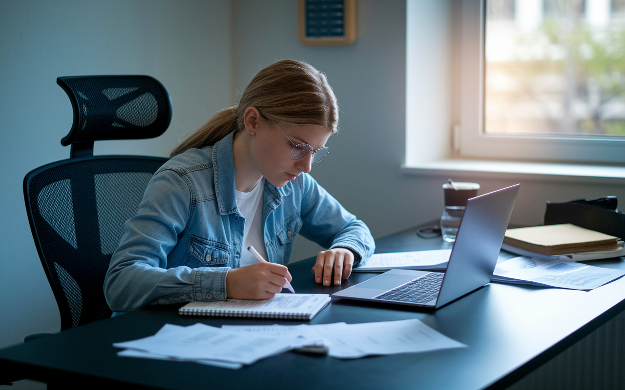 A determined student sitting at a sleek desk, deeply engaged in taking a practice exam on a laptop. The setting is a quiet room with an ergonomic chair, papers scattered around, and a timer ticking down on the wall. The soft light from a window streams in, creating an atmosphere of focused preparation as the student reviews notes and takes the exam.