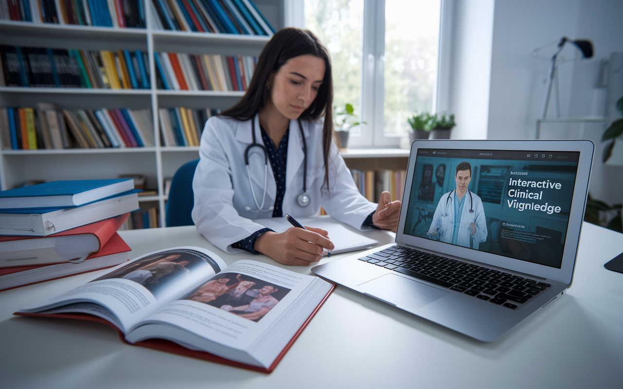 An evocative scene where a medical student studies clinical cases in a bright, well-organized room filled with medical books and charts. Open medical texts with vivid case studies lie on the desk, while a digital device displays an interactive clinical vignette on the screen. The setting is infused with a sense of anticipation for real-life applications of medical knowledge.