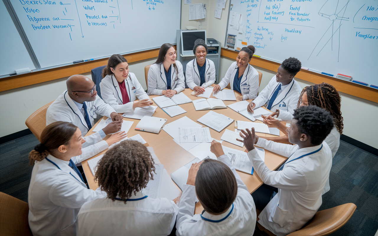 A lively study group of medical students gathered around a large table, engaging in dynamic discussions. Papers and textbooks are spread everywhere, with students sharing insights and explanations. The room is well-lit, filled with whiteboards showing diagrams and notes, fostering a collaborative learning environment filled with excitement and collective effort.