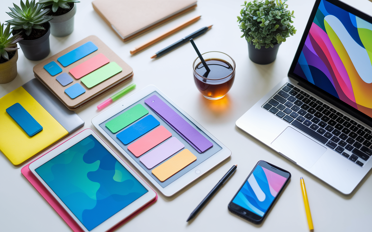 A modern workspace demonstrating various digital study aids and apps on multiple devices—tablets, laptops, and smartphones. A colorful display of organizational tools and resources, including note-taking apps and digital flashcards, contributes to a vibrant atmosphere of effective learning. A cup of herbal tea and plant decorations add to the serene study environment.