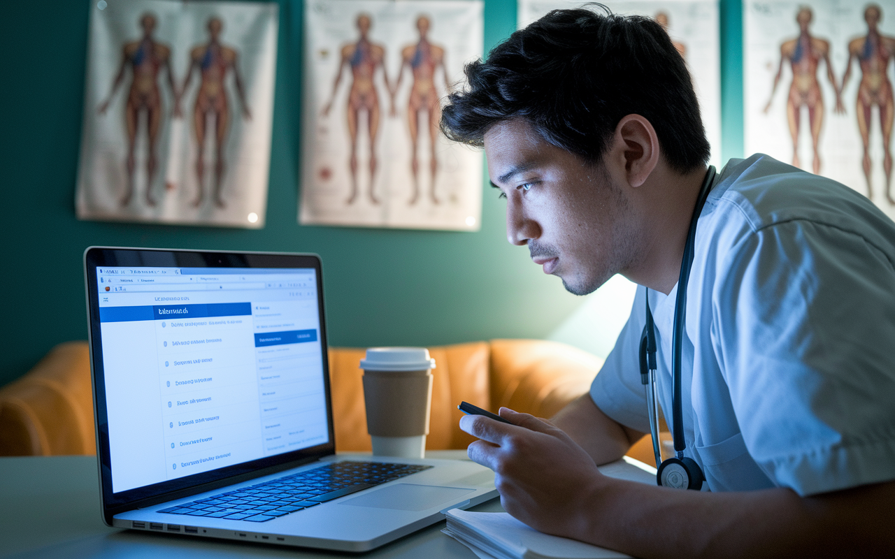 A medical student intensely focused on a laptop displaying the UWorld Q-bank interface. Soft light illuminates the room, and anatomical posters hang on the walls, reflecting a dedicated study environment. The student has a determined expression, indicating the seriousness of preparation, with a coffee cup nearby for late-night studying.