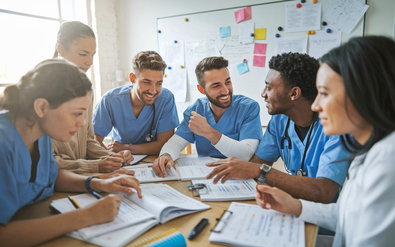 A vibrant study scene where a group of medical students collaborate over Kaplan Q-bank materials, discussing questions and solutions. The room is filled with natural light, fostering an atmosphere of teamwork and motivation, with whiteboards covered in notes and diagrams in the background.