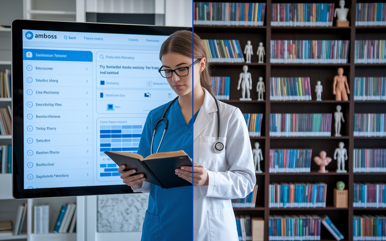 A split-screen view showcasing the AMBOSS Q-bank interface on one side and a medical library filled with anatomical models, books, and charts on the other. The scene illustrates the dual functionality of the platform, with a student interacting with both features seamlessly, embodying an innovative study method.