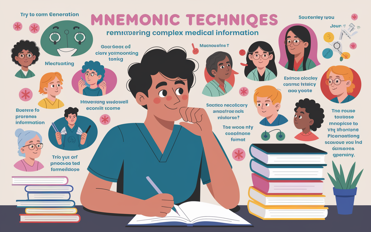 A dynamic set of colorful, cartoonish images illustrating mnemonic techniques for remembering complex medical information, arranged in a visually stimulating format. The scene depicts a student engaging with the visuals, looking intrigued and thoughtful, representing the unique learning approach of Picmonic.