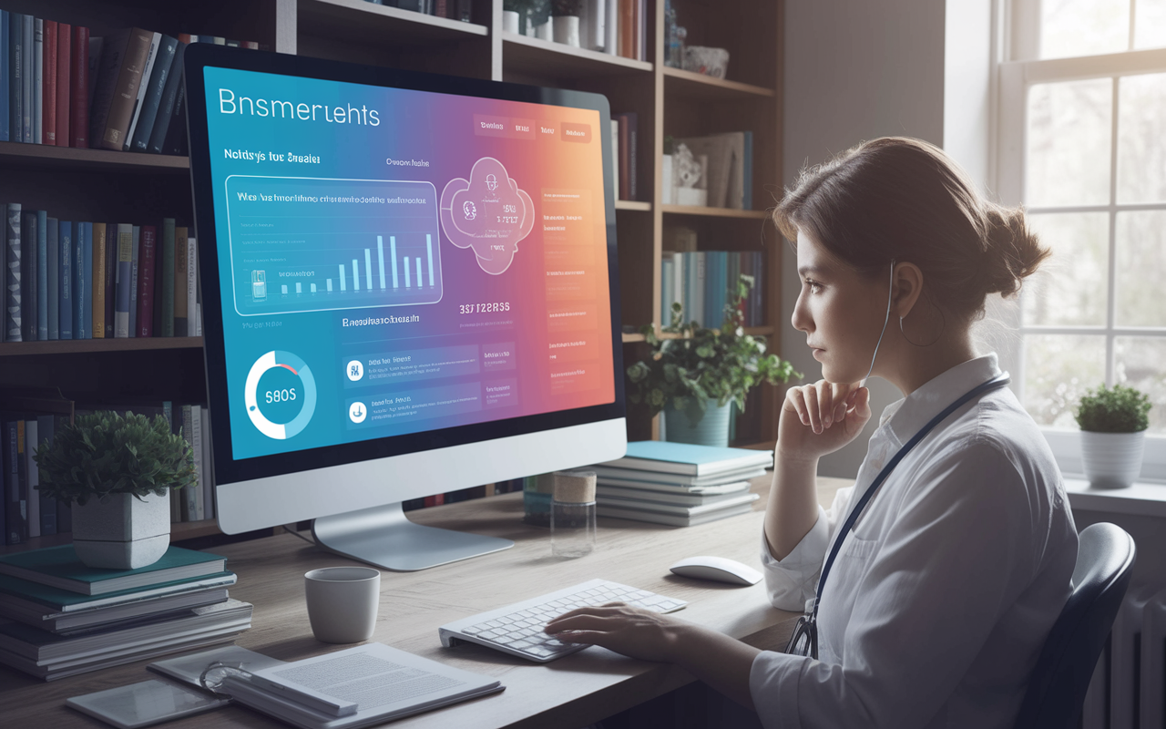 A student customizing their study plan on TrueLearn’s interface, displaying analytics and performance metrics on a vibrant screen. The room is lined with medical textbooks and study materials, representing a personalized and focused study environment, with thoughtful consideration on the student’s face.