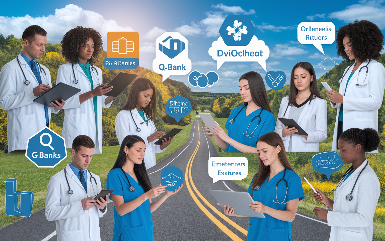 A comprehensive collage depicting various Q-banks with their logos, features, and a diverse group of medical students actively using them, symbolizing teamwork and collaboration in exam preparation. A bright and motivational backdrop illustrates the journey toward success in medical exams.