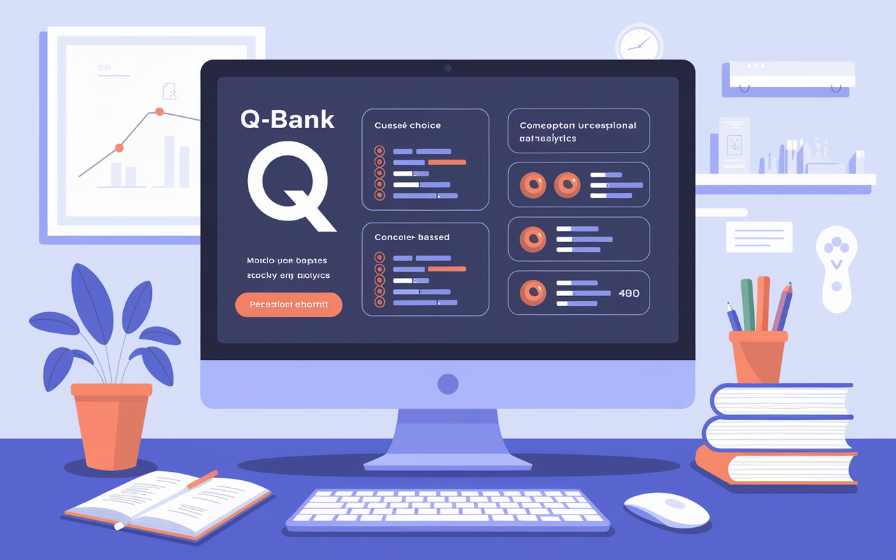 An illustrative representation of a Q-bank interface on a computer screen, exhibiting various question types: multiple-choice, case-based, and conceptual questions. The design is engaging and user-friendly, with graphical elements to represent performance tracking and analytics. The room is bright, emphasizing a tech-savvy study atmosphere, suitable for modern medical students.