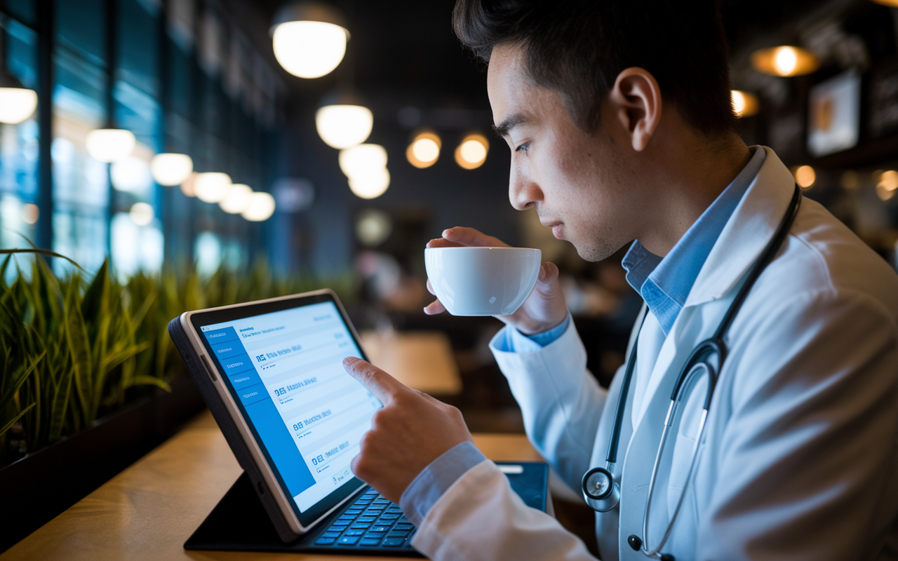 A medical student sitting at a coffee shop, using a tablet to access a Q-bank. The scene includes a cozy ambiance with soft lighting and plants in the background. The student is focused on the screen, engaged in answering questions while sipping coffee, showcasing the versatility of studying in different environments. The tablet’s screen brightly illuminates the various features of the Q-bank.