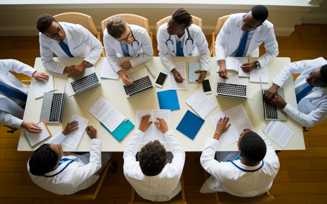 A room filled with medical students collaboratively discussing Q-bank questions. They are gathered around a large table, with laptops, notes, and Q-bank resource guides spread out. The scene is lively, with students exchanging ideas and tackling challenging questions together. The setting is well-lit and warm, representing a sense of community and teamwork in the study process.