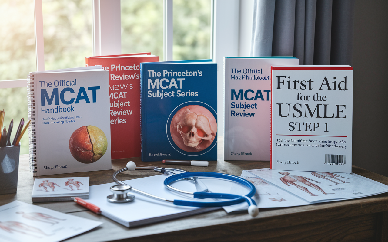 An array of medical exam prep books displayed on a wooden desk, featuring 'The Official MCAT Handbook', 'The Princeton Review’s MCAT Subject Review Series', and 'First Aid for the USMLE Step 1'. The scene conveys a scholarly ambiance, illuminated by soft daylight coming through the window, and includes a stethoscope, notepads, and anatomy diagrams scattered around, creating an atmosphere of rigorous academic study.