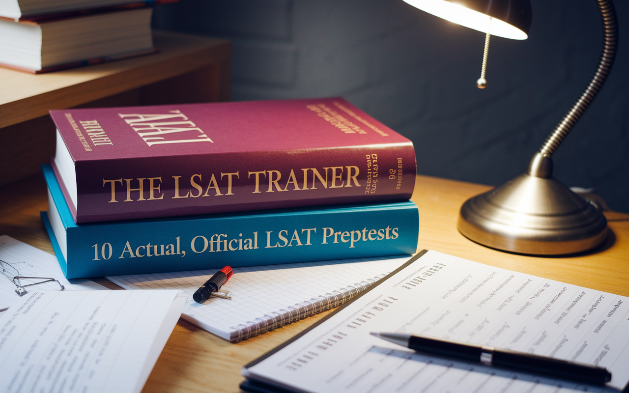 A focused study area with 'The LSAT Trainer' and '10 Actual, Official LSAT PrepTests' prominently placed. The setting has an inviting glow from a desk lamp casting light on the books. Law-related notes and a legal pad filled with practice questions surround the titles, evoking a sense of determination and strategic preparation for the LSAT.